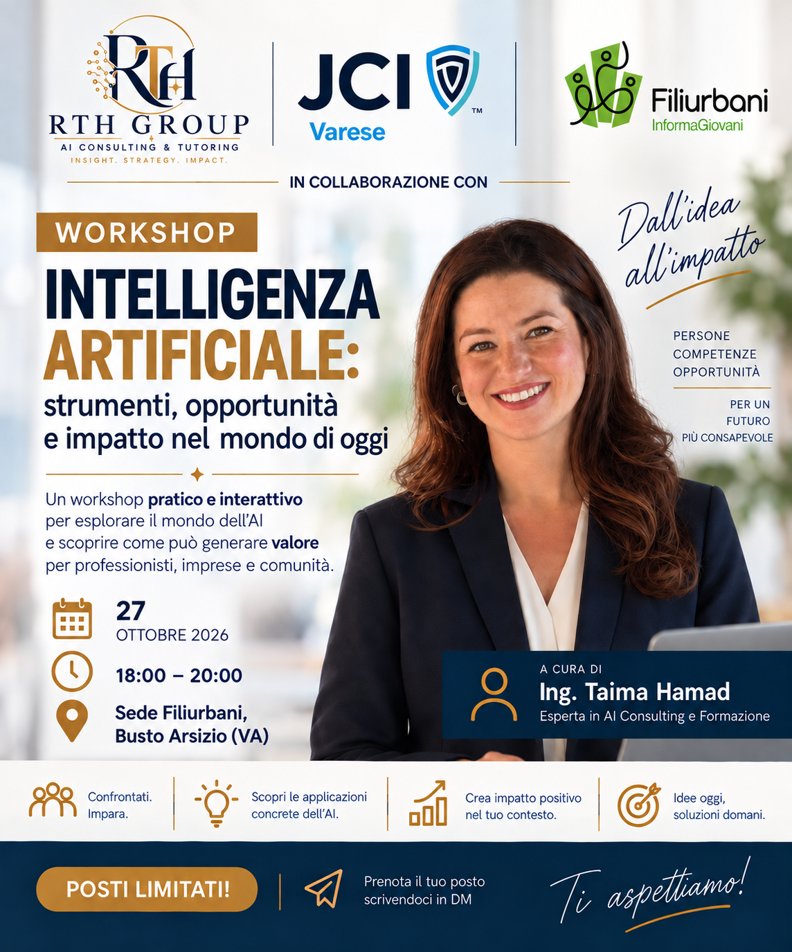 Locandina del workshop sull’intelligenza artificiale di RTH Group, JCI Varese e Filiurbani